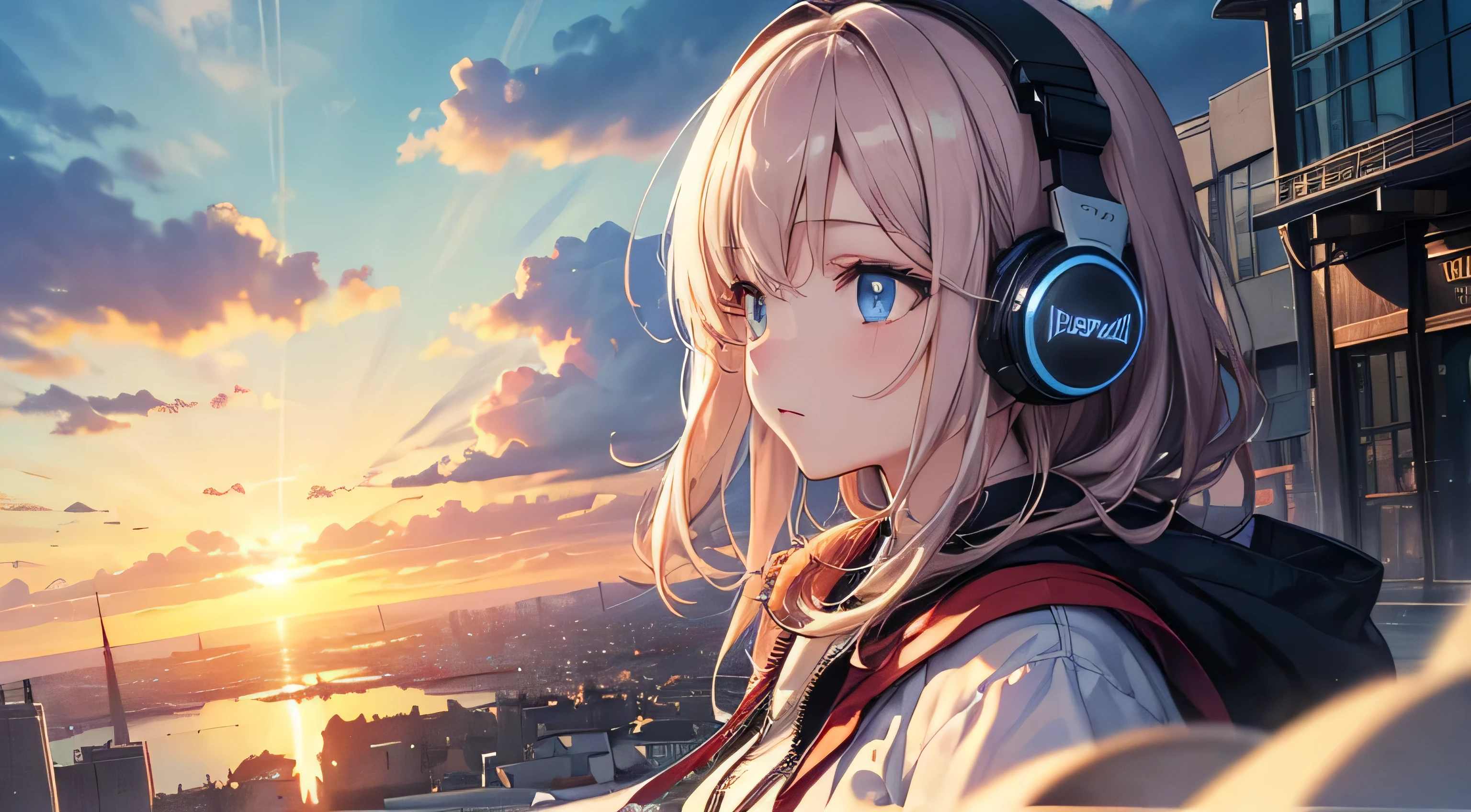 Absurd, High resolution, (Official Art, beautifully、aesthetic:1.2), Close-up, Bright Sky, A vast world, girl, Wear headphones, stare, Awe-inspiring expressions, Distant Horizon, cloud, High Hill, Natural Beauty, Inspiration, Light effects,Looking down from above、Streetscape