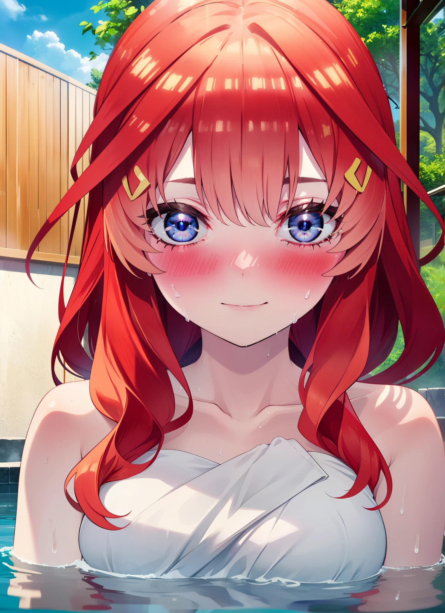 itsukinakano, Itsuki Nakano, bangs, blue eyes, Hair between the eyes, Ahoge, Redhead, smile,Big Breasts,Naked Towel,Hair Bun, single Hair Bun,
blush,smile, Wet Hair,Wet towel,Wet Naked,Open your mouth,Damp Hair,Completely naked,barefoot,Cover one&#39;s naked body with a bath towel,moon光,night,moon,whole bodyがイラストに入るように,Open-air bathから白い煙ががでている,hot water,
break outdoors, Open-air bath,
break looking at viewer, whole body,
break (masterpiece:1.2), highest quality, High resolution, unity 8k wallpaper, (figure:0.8), (Beautiful fine details:1.6), Highly detailed face, Perfect lighting, Highly detailed CG, (Perfect hands, Perfect Anatomy),