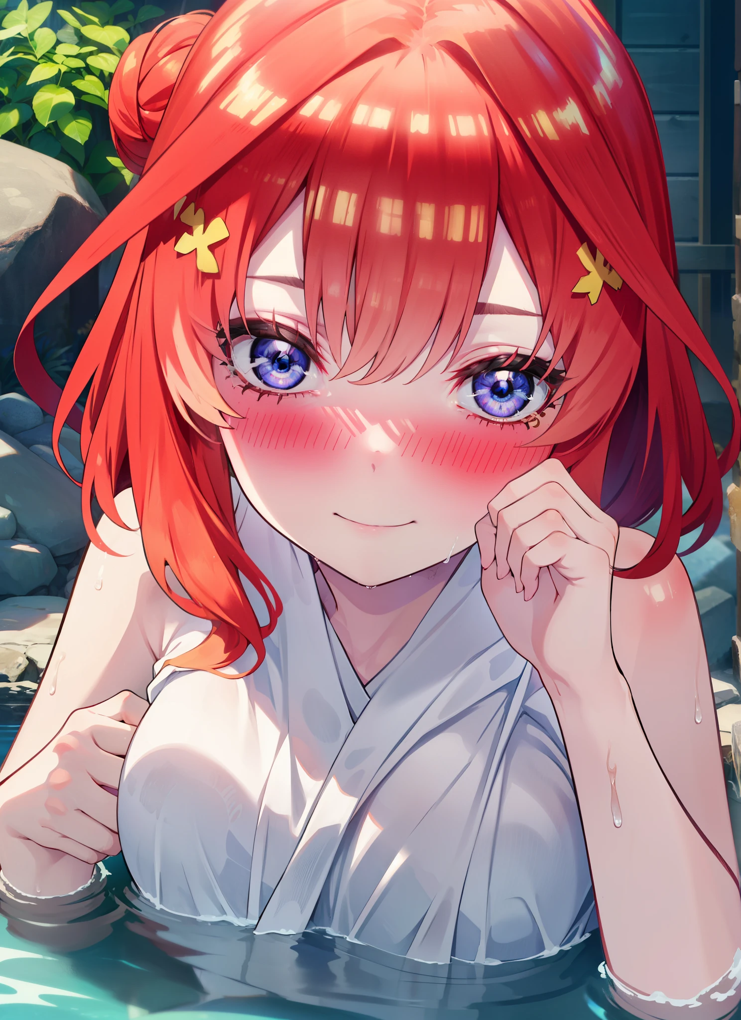 itsukinakano, Itsuki Nakano, bangs, blue eyes, Hair between the eyes, Ahoge, Redhead, smile,Big Breasts,Naked Towel,Hair Bun, single Hair Bun,
blush,smile, Wet Hair,Wet towel,Wet Naked,Open your mouth,Damp Hair,Completely naked,barefoot,Cover one&#39;s naked body with a bath towel,moon光,night,moon,whole bodyがイラストに入るように,Open-air bathから白い煙ががでている,hot water,
break outdoors, Open-air bath,
break looking at viewer, whole body,
break (masterpiece:1.2), highest quality, High resolution, unity 8k wallpaper, (figure:0.8), (Beautiful fine details:1.6), Highly detailed face, Perfect lighting, Highly detailed CG, (Perfect hands, Perfect Anatomy),