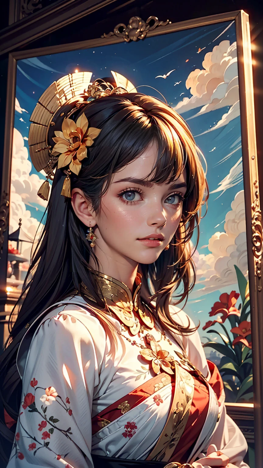 Chinese women, Face close-up, A female figure soaring high into the air, made of ribbons, cigarette, In the sky, Colorful and bright, Mysterious colors, modern impressionism, Portrait of Chen Yanjun, Iris Painting, 3/4 Perspective View, Cute Face, Low - Angle, Wide, swirling composition, Big beautiful crystal eyes, Big Iris, 超High resolution, High resolution, 8k, (masterpiece: 1. 5), (The most beautiful portraits in the world: 1.5)