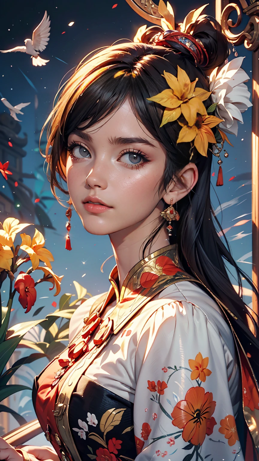 Chinese women, Face close-up, A female figure soaring high into the air, made of ribbons, cigarette, In the sky, Colorful and bright, Mysterious colors, modern impressionism, Portrait of Chen Yanjun, Iris Painting, 3/4 Perspective View, Cute Face, Low - Angle, Wide, swirling composition, Big beautiful crystal eyes, Big Iris, 超High resolution, High resolution, 8k, (masterpiece: 1. 5), (The most beautiful portraits in the world: 1.5)