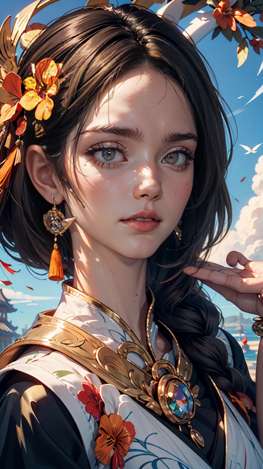 Chinese women, Face close-up, A female figure soaring high into the air, made of ribbons, cigarette, In the sky, Colorful and bright, Mysterious colors, modern impressionism, Portrait of Chen Yanjun, Iris Painting, 3/4 Perspective View, Cute Face, Low - Angle, Wide, swirling composition, Big beautiful crystal eyes, Big Iris, 超High resolution, High resolution, 8k, (masterpiece: 1. 5), (The most beautiful portraits in the world: 1.5)