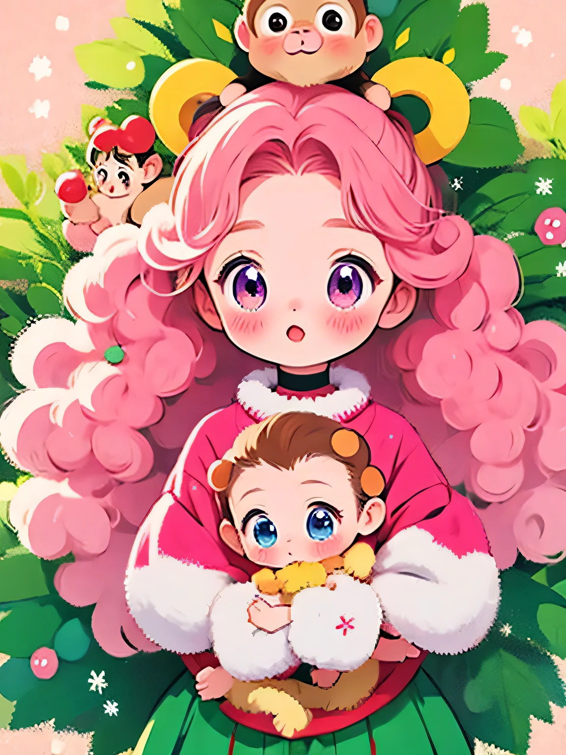 Momoko Sakura style, Kawaii Design, The most beautiful girl of all time、Chibi, monkey, play together、monkey Forest