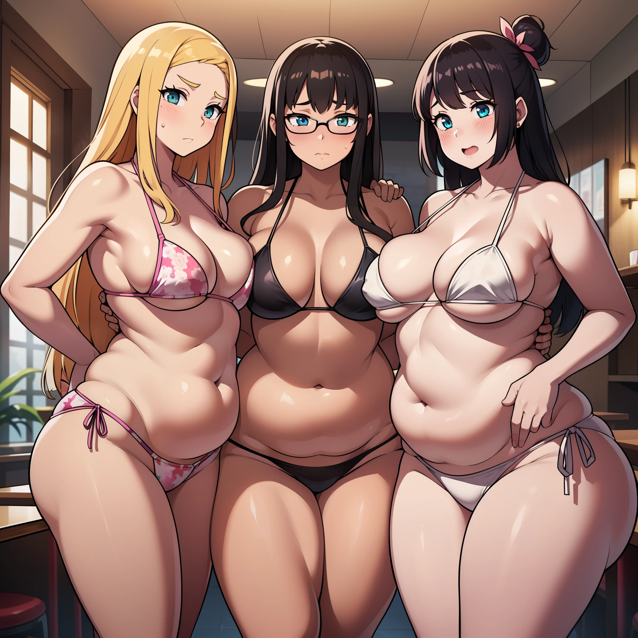 ((highres)), Masterpiece, high quality, best quality, beautiful, perfect lighting, detailed face, ultra cute face, embarrassed, ((blush)), (((3girls))), one girl has blonde hair, blue eyes, bikini, skindentation, one girl has brown hair, green eyes, bikini, one girl has, Short black hair, brown eyes, bikini, full body, fast food restaurant, cleavage, medium breasts, ((wide hips)), ((thick thighs)), ((plump)), chubby belly, fat folds, belly hang, ((belly grab)), sexually suggestive, standing, touching each other,