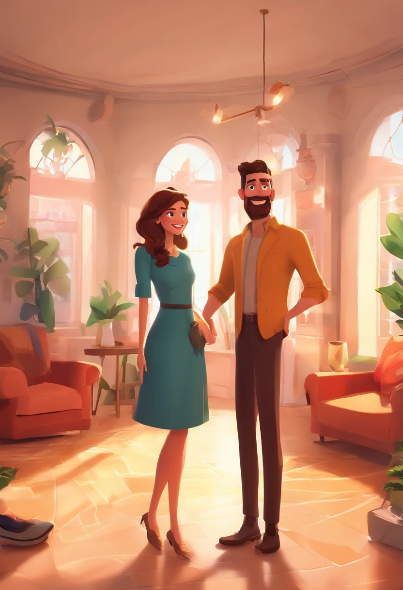 An illustration of an adorable couple, Destaque para um homem de barba escura, careca e roupas pretas. A mulher loira com lindos olhos expressivos e roupa elegante, ,The woman's skin is fair, The woman&#39;s hair is straight and light brown. They are a bright room, cada um com um sorriso no rosto, e compartilhar um momento especial caracterizado pelo amor, Perceptions. Illustrate this scene from a perspective where they are facing the camera, Smiling and showing your connection. Desenvolva esta arte em Full HD, Focus on your cinematic flair, Disney Pixar animation style