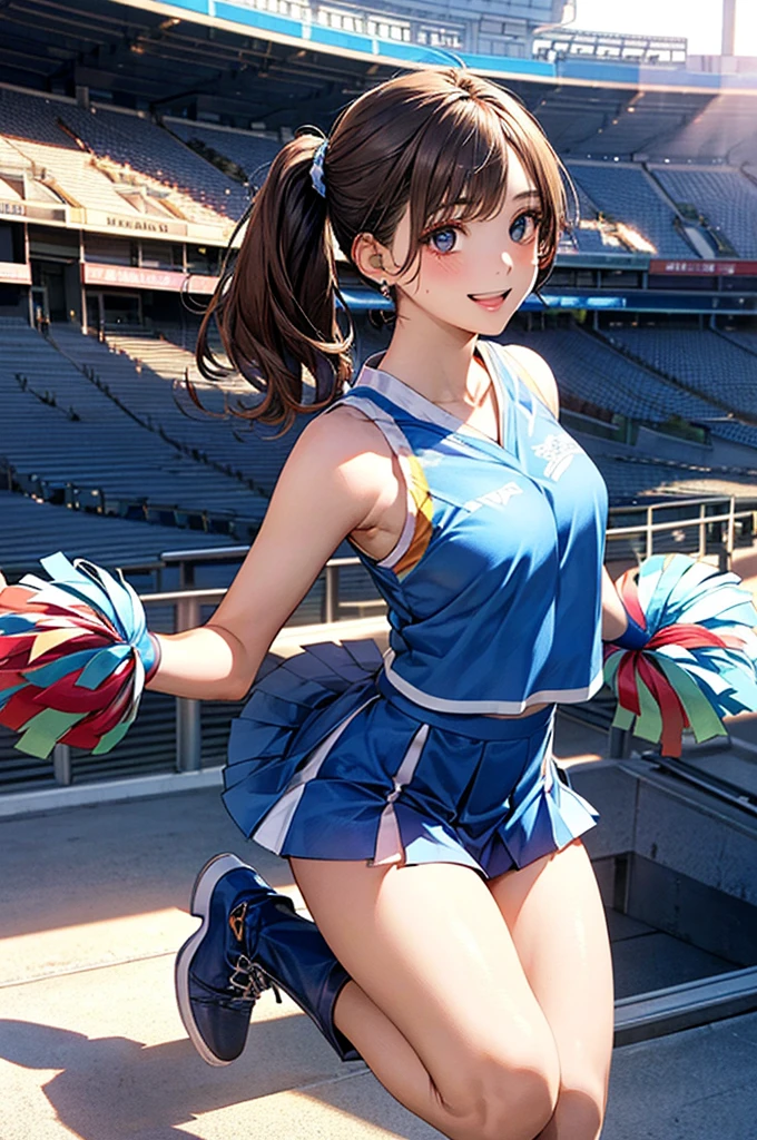 (masterpiece:1.2, highest quality), (Realistic, photoRealistic:1.4), Beautiful illustrations, (Natural Side Lighting, Cinema Lighting), Depth of written boundary, Backlight, 
View Viewer, 1 girl, Japanese, high school girl, 17 years old, Perfect Face, Cute and symmetrical face, Shiny skin, 
(Mid-length hair, Side Ponytail, Light brown hair), Asymmetrical bangs, blue eyes, Long Eyelashes, (Medium chest), Cute round face, Beautiful Makeup, 
Beautiful Hair, Beautiful Face, Beautiful fine details, Beautiful clavicle, Beautiful body, Beautiful breasts, Beautiful thighs, Beautiful feet, Beautiful fingers, 
((Sleeveless light blue cheerleader:1.2), boots), 
(Beautiful views), evening, (Stadium Background:1.2), very cute, Raise your arms, Underarm, (Cute smile, Open your mouth), I can see your pants