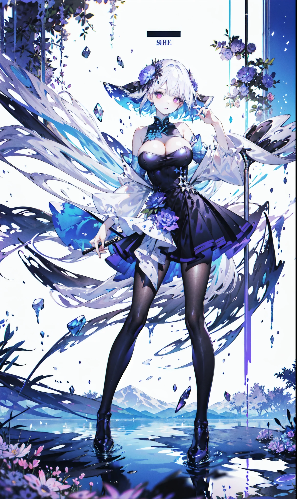 ((masterpiece:1.4,best quality)),(Super detailed),(Extremely detailed eyes),(black leggings,Shiny socks:1.5),Hello Darkness
((Sexy Girl,Large Breasts)),(Blood-red pupils,Diamond-shaped pupil:1.15),Purple Eyeshadow,(elongated hair,Thick hair,shiny hair:1.5)(Changes through:1.2),White skin,tilting its head to the side,kneel
(She wears blue armor,Tight cheongsam,:1.5),Very long plush sleeves,White,White Cloud,Dream bubbles ,Ice and glitter effects
(Black long skirt:1.1),
(dawn:1.2),
(Intense black and white:1.16),(Depth of Field:1.4),,Intricate details,(Sky Castle,Standing by the lake,Purple flowers by the lake)