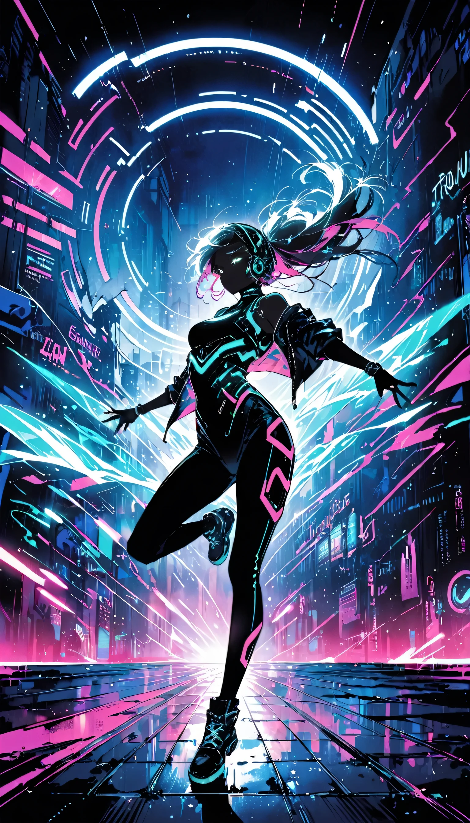 DemiHawks, Urban sprawl, woman, urban dance clothing, Dramatic lighting, High Contrast, silhouette, Poster-worthy, Street fashion, graffiti, Neon Light, Shadow, Dystopia, cyber punk, Futuristic, Science fiction, Tron, Blade Runner, Elysium, Westworld, Black Neon, dance, fluid, dynamic, energy, Movement, shape, Performance.