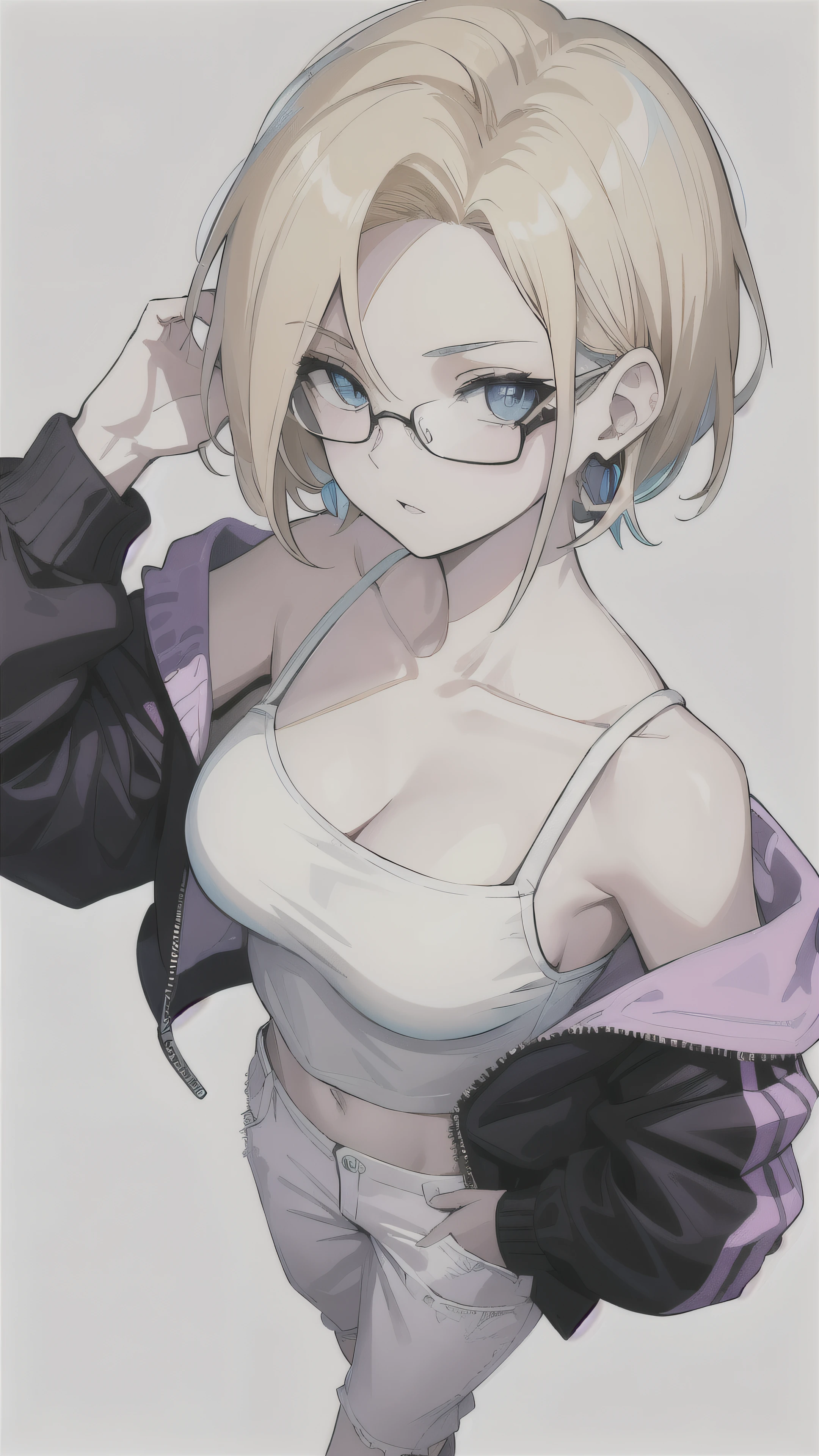 masterpiece,(best quality),(1girl) ,(solo), Android 18 from Dragon Ball,(high contrast:1.2),(high saturation:1.2), ((hands on the pocket)),collarbone, cleavage, ((one-shoulder crop camisole)), ((black plane camisole)), off-shoulders track jacket, cropped thin jacket, purple jacket, midriff-baring, navel, ((white baggy pants)),looking at viewer,((white and light blue theme:1.3)),((white and light purple background:1.5)), small breasts, (short blonde hair:1.5), ((blue eyes:1.5)), (wearing glasses:1.2),((walking:1.3)),full body, black footwear,((from above:1.2)),earrings on earlobes, slender feminine figure, narrow waistline, skinny body,
(magazine:1.3), (cover-style:1.3), fashionable, woman, vibrant, outfit, posing, front, colorful, confident, expression, holding, statement, accessory, majestic, touch, scene, attention-grabbing, stylish, striking, modern, trendy, focus, fashion