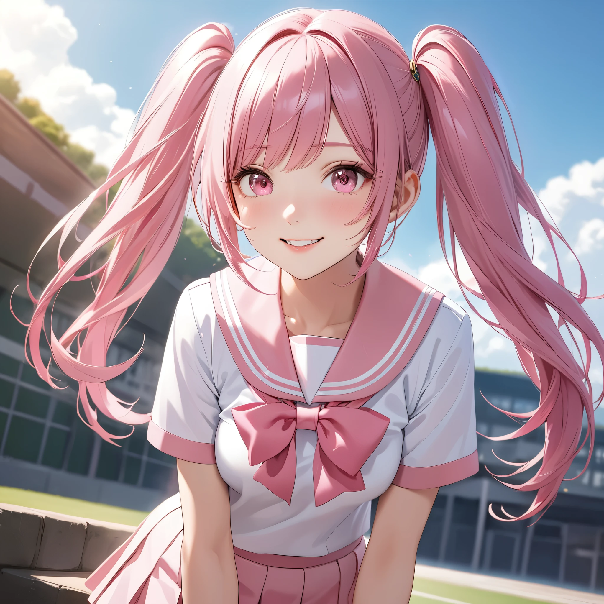 (8K, masutepiece, Best Quality, Official art, beautiful detailed, beautiful lighting, best masterpiece in history that exceeds limits), (1 Girl, Solo), (sixteen years old), (beautiful detailed face), (shiny white skin), (Beautiful big bust:1.3), (thighs, navel), (beautiful detailed pink twin tails hair, Bangs:1.3), (beautiful detailed drooping pink eyes:1.5), (high school uniform:1.3), (patsel pink sailor collar, white short sleeves short length outing shirt, pastel pink pleated skirt, patsel pink ribbon:1.3), (happy smile:1.2), (Attractive, Look at the camera, cute pose), breathtaking scenery, (ultra detailed realistic Beautiful high school, study, blue sky:1.2),