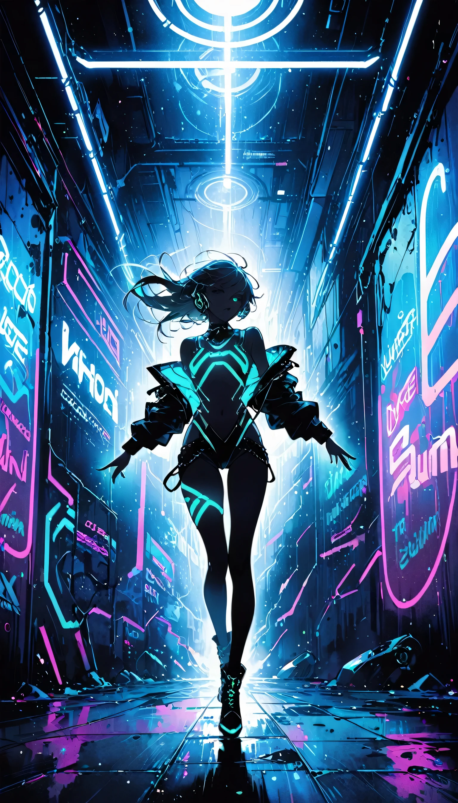 DemiHawks, Urban sprawl, woman, urban dance clothing, Dramatic lighting, High Contrast, silhouette, Poster-worthy, Street fashion, graffiti, Neon Light, Shadow, Dystopia, cyber punk, Futuristic, Science fiction, Tron, Blade Runner, Elysium, Westworld, Black Neon, dance, fluid, dynamic, energy, Movement, shape, Performance.