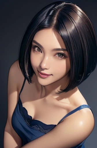 (masterpiece), (8k, best quality, high resolution), (ultra-detailed, realistic), (anatomically correct),
((from above)), ((look up and see the viewer)),
((face close-up)), (Standing), (No background),
(1woman),
(A Japanese woman, 30 years old and 155cm tall.),
(((Wear a navy blue tunic camisole))), ((A camisole without decoration.)),
(black hair), (straight hair), (short hair style), ((bob cut)),
((smile broadly)),
(Her impression is pure, clean and kind.),