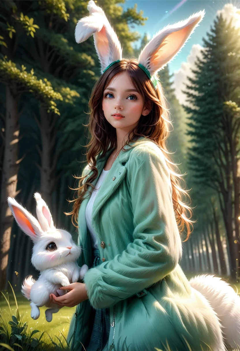 a cute girl with long fluffy rabbit ears, rabbit ears, bunny, green meadow, forest, photorealistic, highly detailed, 8k, (best quality,4k,8k,highres,masterpiece:1.2),ultra-detailed,(realistic,photorealistic,photo-realistic:1.37),HDR,UHD,studio lighting,extreme detail description,vivid colors,soft lighting,warm colors,natural environment