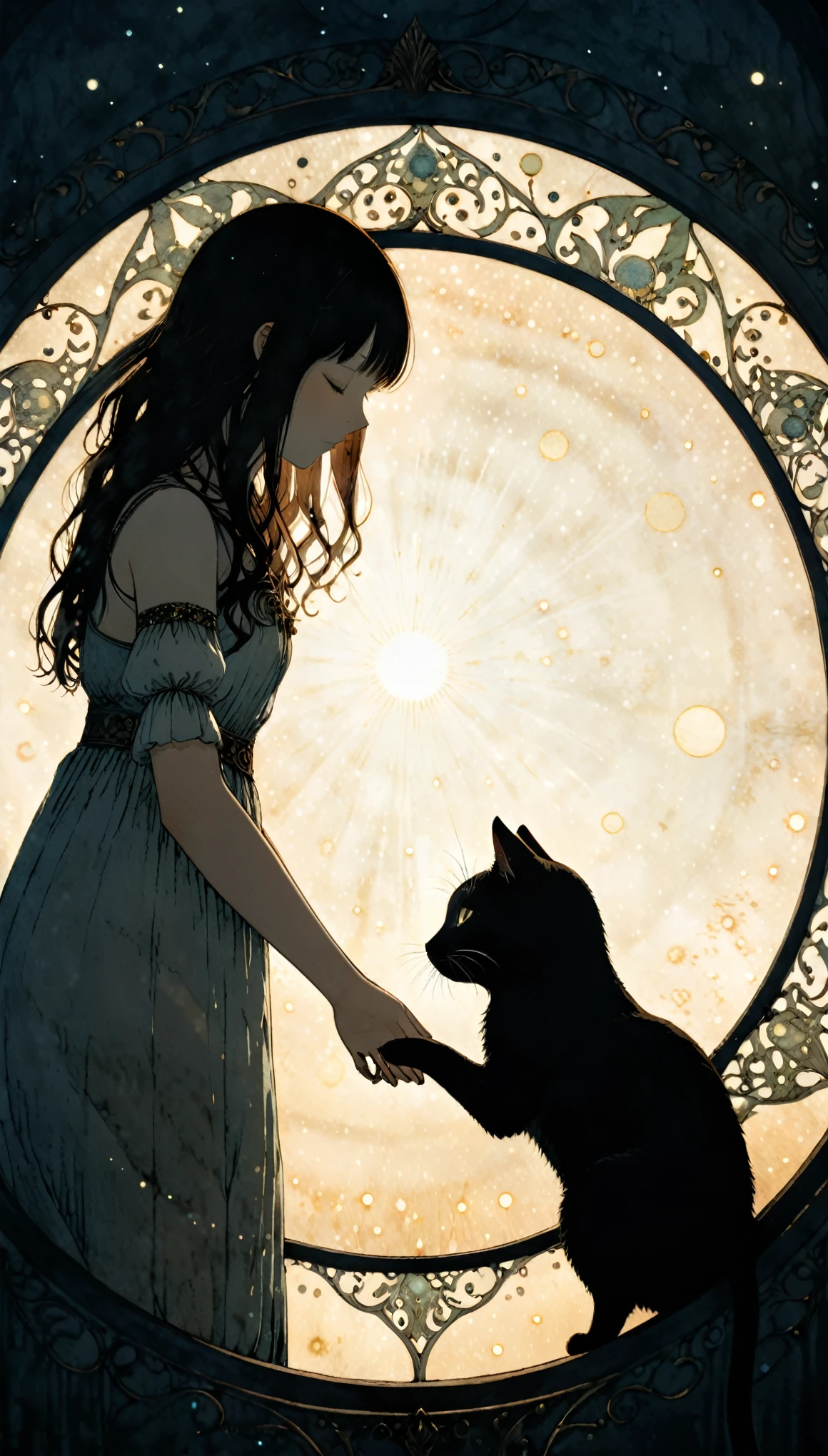 in style of John Bauer,
Chemiluminescence,touch the cat with your hands,1girl,minimalism,(in a symbolic and meaningful style:1.1),(detail ray tracing:1.1),round window,1 black cat,