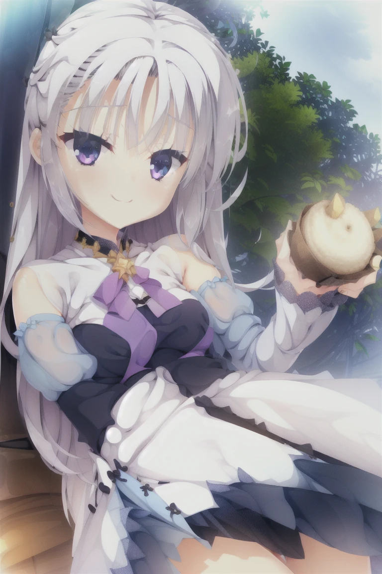 1girl,solo,smiling,middle_breast,purple_eyes,long_hair,dress,solo,short_sleeves,sensitive,white_dress,puffy_sleeves,puffy_short_sleeves,standing,blue_dress,makeup,see-through,holding,feet_out_of_frame,general,questionable,explicit,expensive_solve, clear_image, expensive_Contrast, 8k, Sparkling, beautiful_detailed_face_and_eye, (White Hair:1.25), 白 eye,