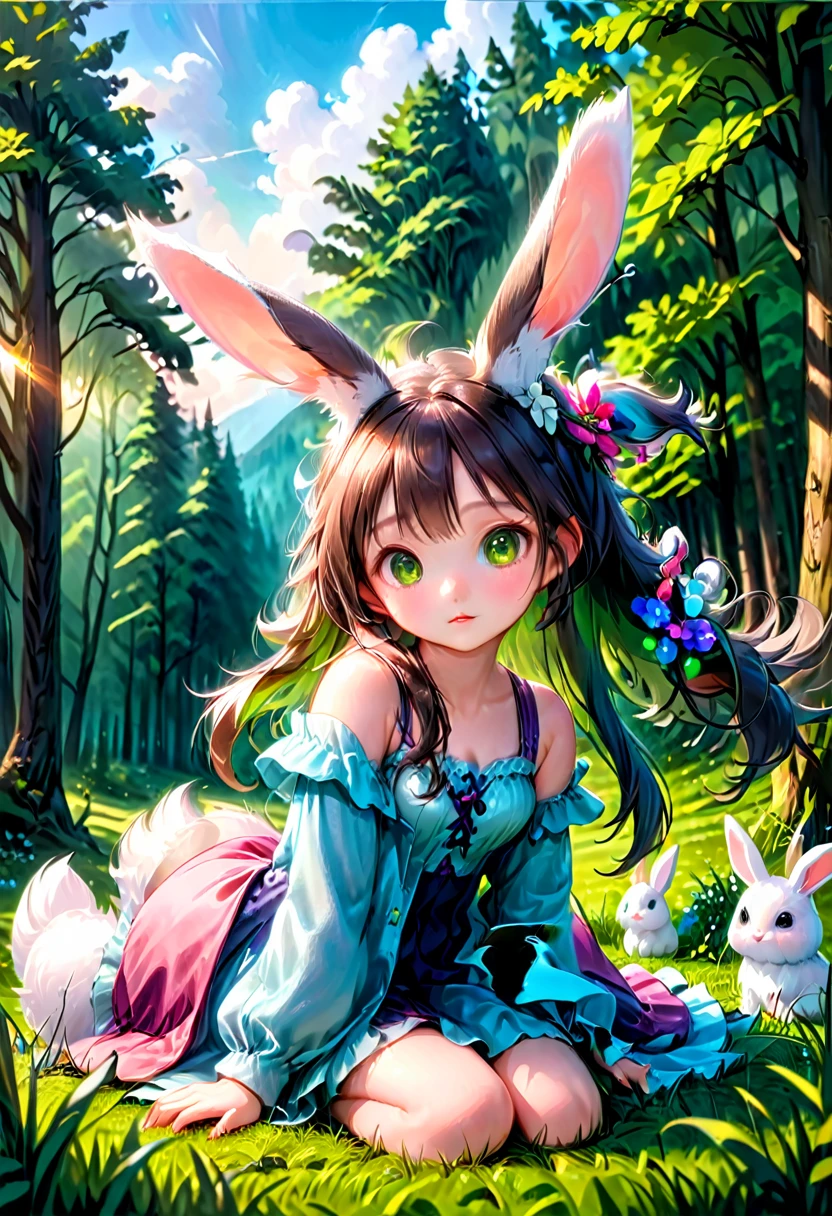 a cute girl with long fluffy rabbit ears, rabbit ears, bunny, green meadow, forest, photorealistic, highly detailed, 8k, (best quality,4k,8k,highres,masterpiece:1.2),ultra-detailed,(realistic,photorealistic,photo-realistic:1.37),HDR,UHD,studio lighting,extreme detail description,vivid colors,soft lighting,warm colors,natural environment