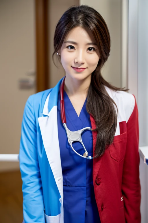 Female doctor,Wearing a doctor's uniform,Realistic,Dynamic Light,Brush Cut,Thin body type,Cleavage,Full Shot,(Highly detailed CG synthesis 8k wallpaper),High detail,Fixing sharp focus,dramatic,Sagging under the eyes,eyelash,Photorealism