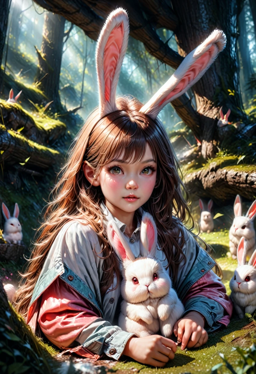 a cute girl with long fluffy rabbit ears, rabbit ears, bunny, green meadow, forest, photorealistic, highly detailed, 8k, (best quality,4k,8k,highres,masterpiece:1.2),ultra-detailed,(realistic,photorealistic,photo-realistic:1.37),HDR,UHD,studio lighting,extreme detail description,vivid colors,soft lighting,warm colors,natural environment