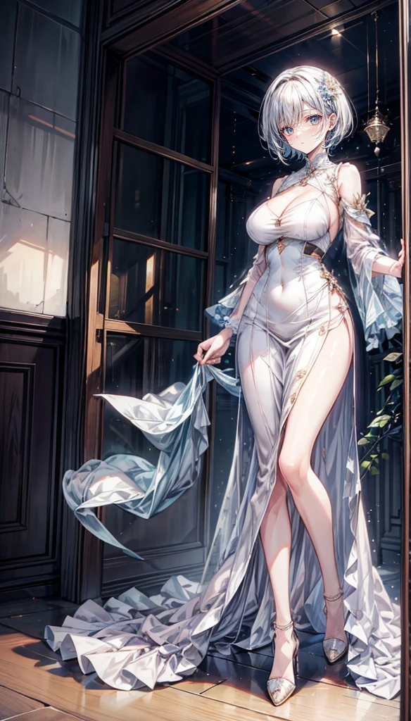 A mature woman,extra very short hair,a white long skirt,long face,Long face shape,Long face shape,high-heels