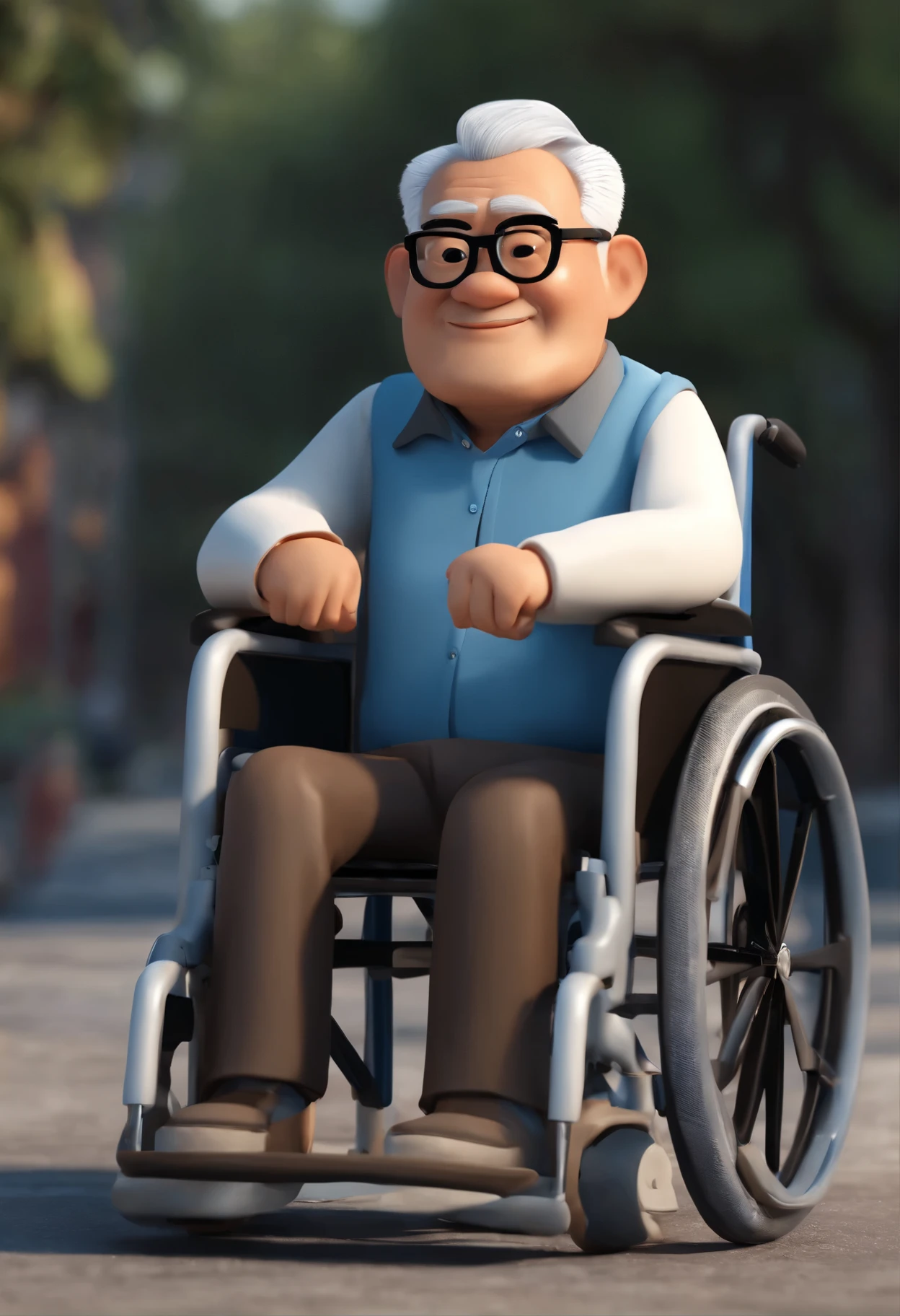 Cartoon character of (1 old Asian man in a wheelchair:1.1) with black glasses and a blue shirt, simple clean background, animation character, Arnold Maya render, 3d render, toon render keyshot, 3d character render, close up, Pixar style, best quality, sharp focus