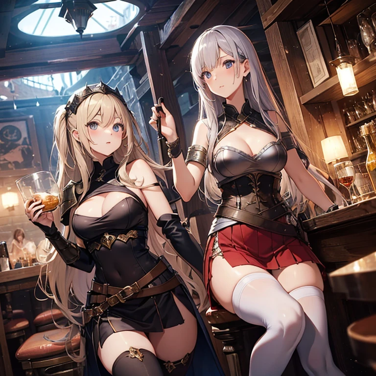 A group of female medieval fantasy adventurers, (in tavern), various hair styles, harem, night, details face, short skirt, seducing, sleeveless, armor