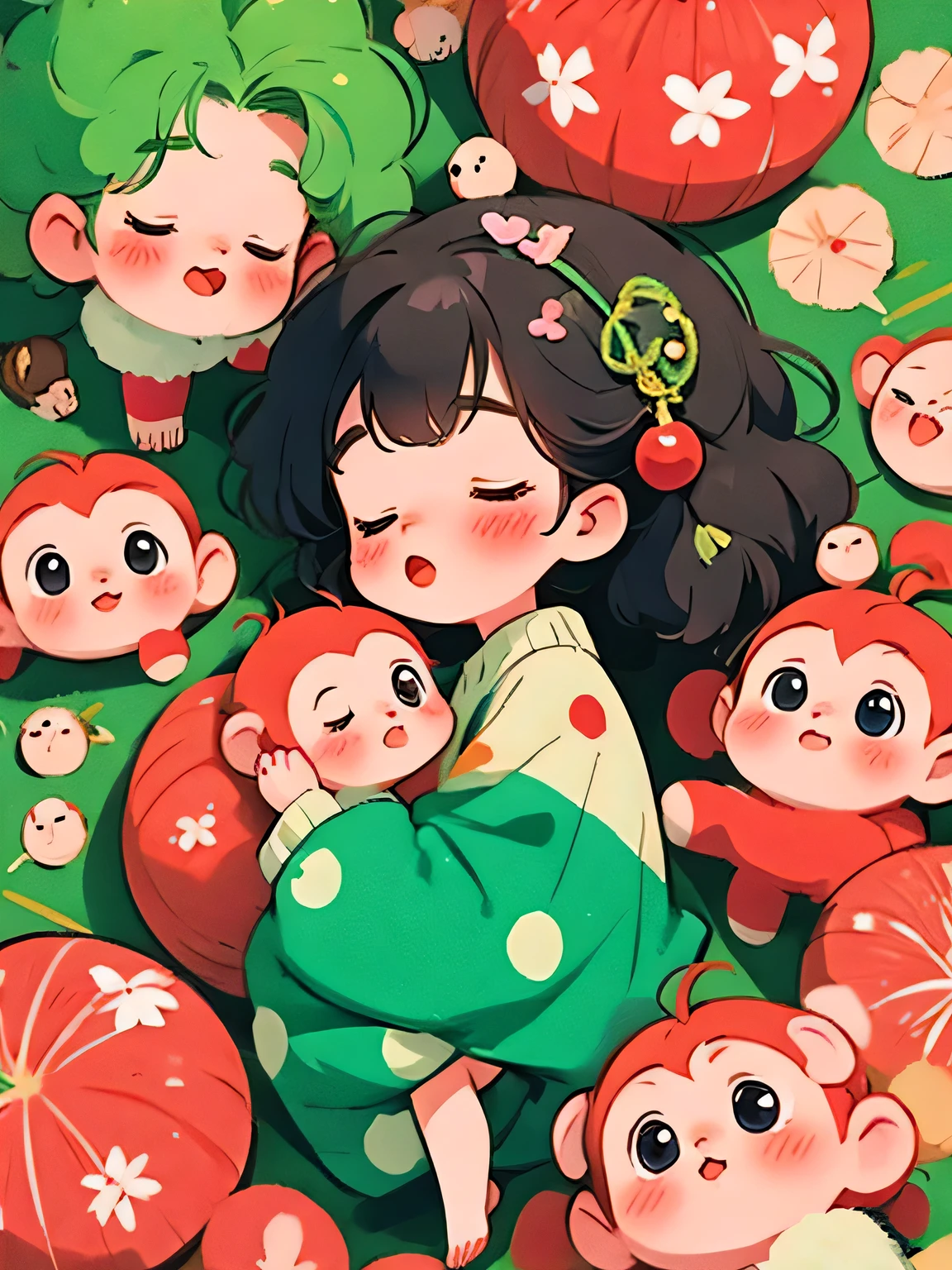 Momoko Sakura style, Kawaii Design, The most beautiful girl of all time、Chibi, monkey, sleeping、monkey Forest
