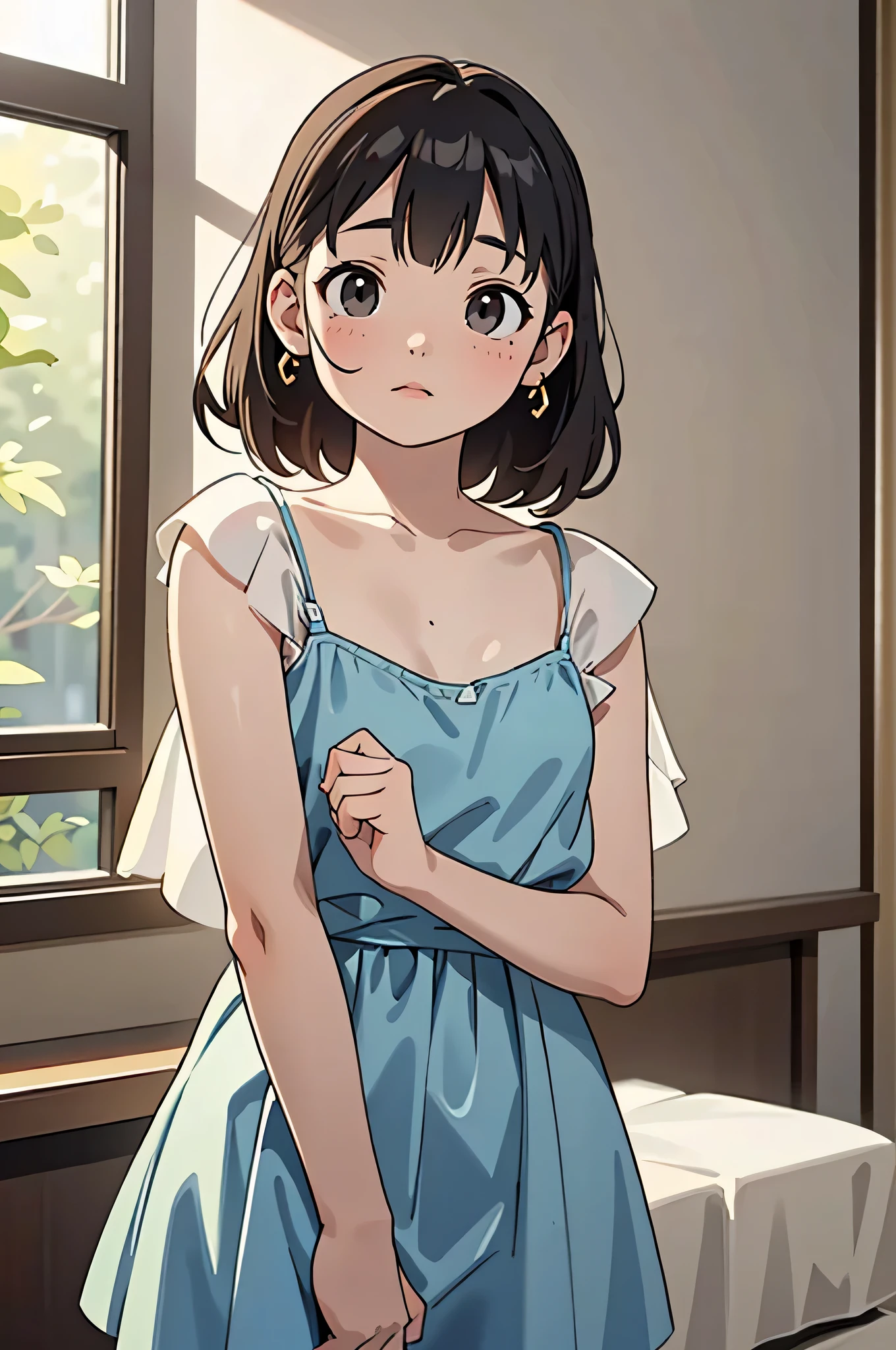 masterpiece, highest quality, (Highly detailed CG Unity 8k wallpaper), (highest quality), (Best illustrations), (Best Shadow), Confused, Realistic lighting, (abyss), Beautiful and delicate shine,Random Pause,((silk camisole dress)),Cute freckles on the cheeks,Mole under left eye, Sunburn mark, Japanese Model,  Young Sensual Gravure Idol, yasumoto oka, A real young gravure idol, 