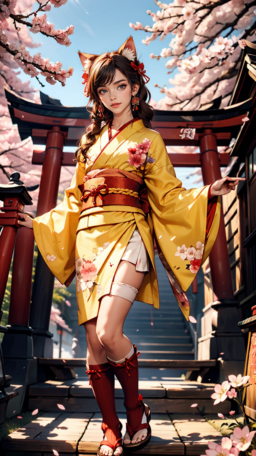 ((masterpiece,highest quality)),Outdoor, Red Torii Gate, wood, stage,, Two Girls, Shrine maiden,Shrine maiden, View Viewer, Recall,, Red legwear, red ribbon, Black Hair,cherry blossoms, Day, flower, Hair Bun, hair ribbon, kimono, kimono, Long Hair, Cat ear, small flowers,, Multiple Girls, Red eyes, Redhead, ribbon, Sandals, single Hair Bun, Are standing,clog Sandals,white kimono, Yellow Eyes,Shine,Knee socks,