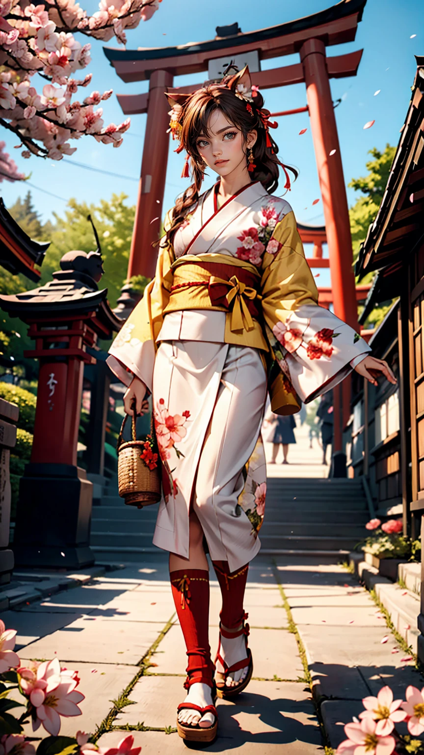 ((masterpiece,highest quality)),Outdoor, Red Torii Gate, wood,  stage,, Two Girls, Shrine maiden,Shrine maiden, View Viewer, Recall,, Red legwear, red ribbon, Black Hair,cherry blossoms, Day, flower, Hair Bun, hair ribbon, kimono, kimono, Long Hair, Cat ear, small flowers，, Multiple Girls,  Red eyes, Redhead, ribbon, Sandals, single Hair Bun, Are standing,clog Sandals,white kimono, Yellow Eyes,Shine,Knee socks,