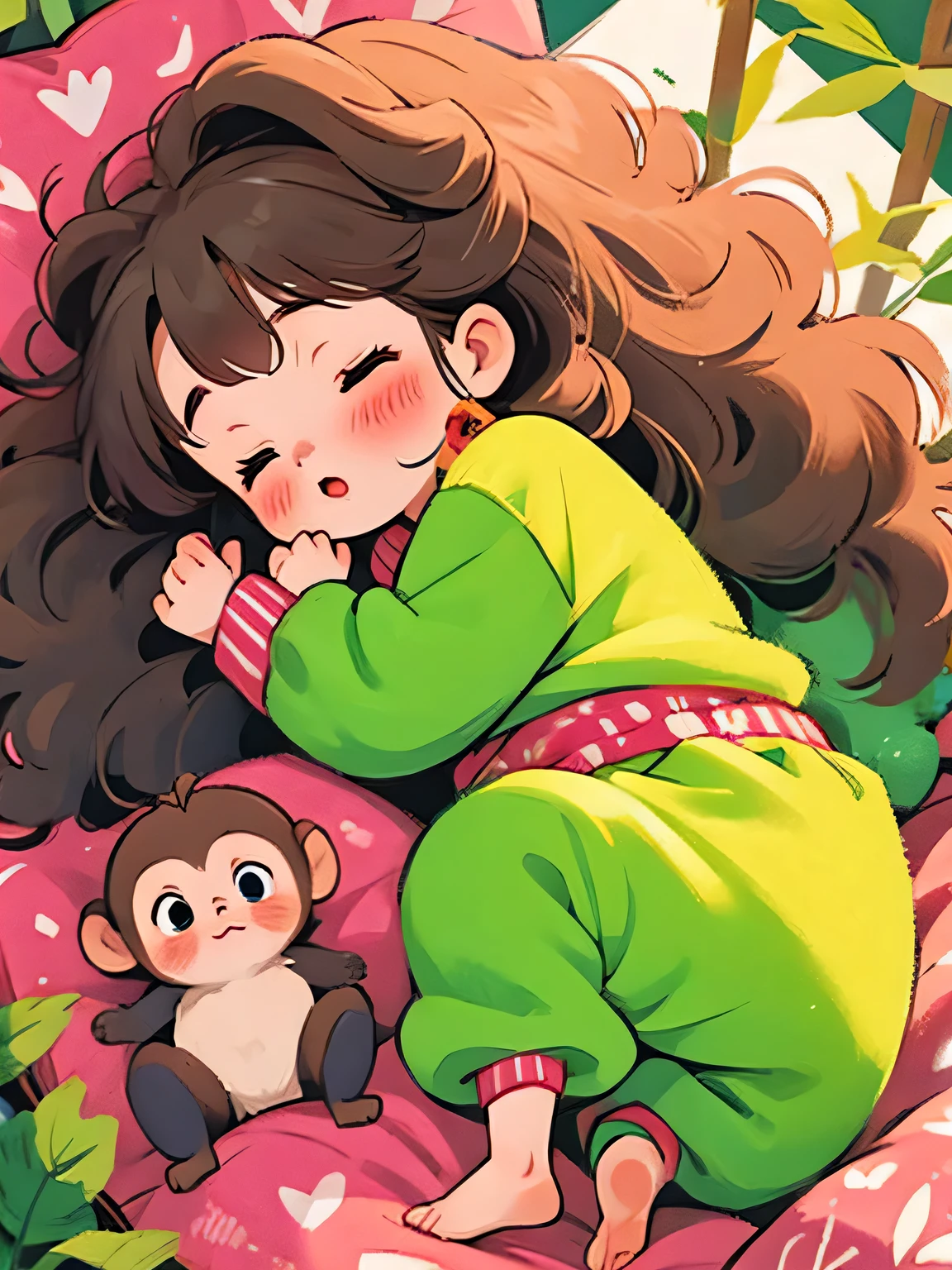 Momoko Sakura style, Kawaii Design, The most beautiful girl of all time、Chibi, monkey, sleeping、monkey Forest