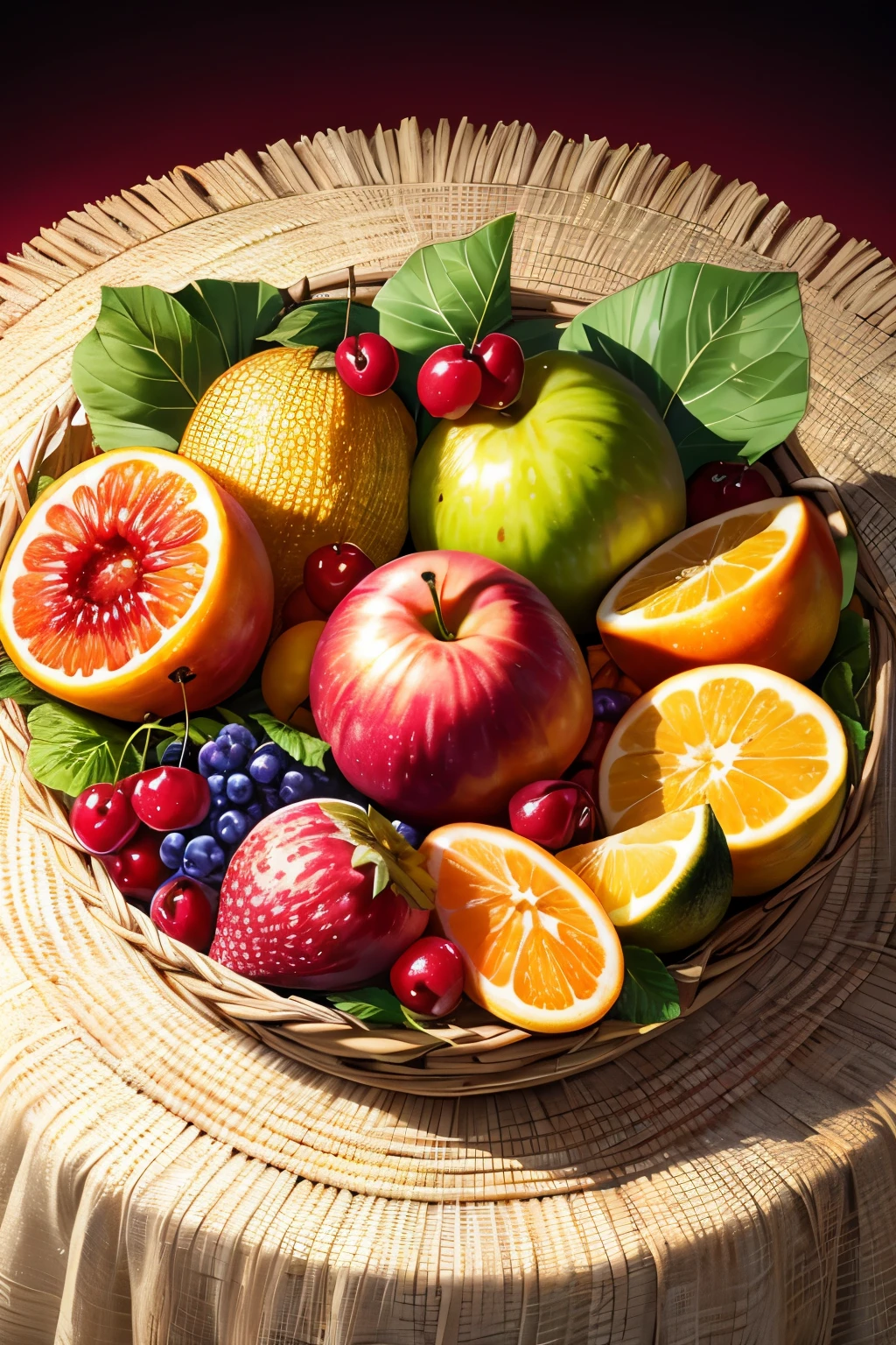 A lusciously detailed fruit basket (best quality, highres:1.2) with an array of vibrant, perfectly ripe fruits elegantly arranged.
1basket, overflowing, various fruits: apples, oranges, grapes, strawberries, bananas, peaches, kiwi, plums, pitomica, cherries, pears, pomegranates, pomelo, and figs.
Medium: oil painting, vivid colors, HDR, studio lighting, ultra-fine painting, sharp focus, physically-based rendering, extreme detail description, still life, round basket, woven basket, colorful background, tablecloth, sunlight, glossy fruits,
