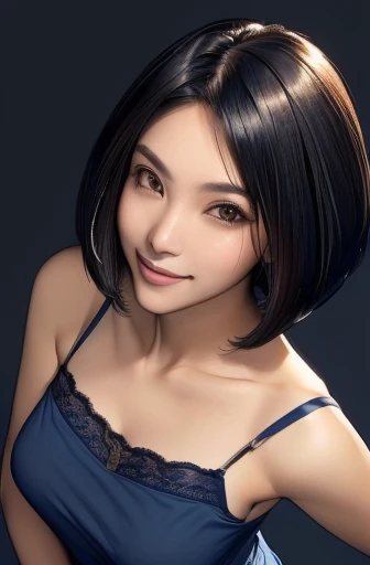 (masterpiece), (8k, best quality, high resolution), (ultra-detailed, realistic), (anatomically correct),
((from above)), ((look up and see the viewer)),
((face close-up)), (Standing), (No background),
(1woman),
(A Japanese woman, 30 years old and 155cm tall.),
(((Wear a navy blue tunic camisole))), ((A camisole without decoration.)),
(black hair), (straight hair), (short hair style), ((bob cut)),
((smile broadly)),
(Her impression is pure, clean and kind.),