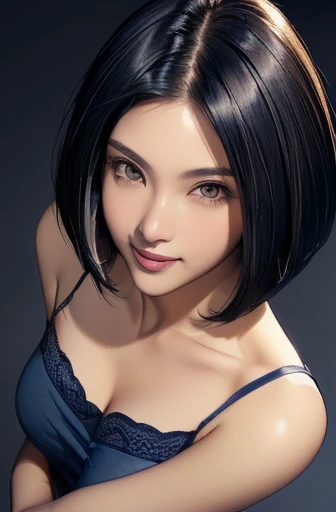 (masterpiece), (8k, best quality, high resolution), (ultra-detailed, realistic), (anatomically correct),  
((from above)), ((look up and see the viewer)), 
((face close-up)), (Standing), (No background),
(1woman),   
(A Japanese woman, 30 years old and 155cm tall.), 
((Create a detailed image of the eye)), ((dark brown eyes)), 
(((Wear a navy blue tunic camisole))), ((A camisole without decoration.)),  
(black hair), (straight hair), (short hair style), ((bob cut)), 
(((One large mole on the corner of the right eye))), 
((smile broadly)), 
(Her impression is pure, clean and kind.),
