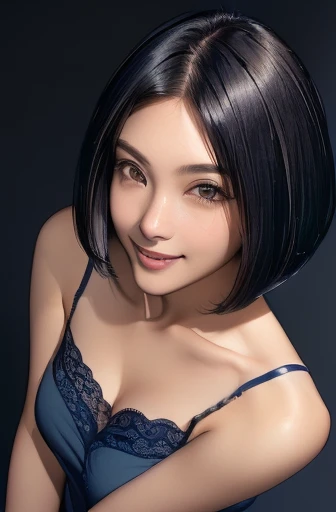 (masterpiece), (8k, best quality, high resolution), (ultra-detailed, realistic), (anatomically correct),
((from above)), ((look up and see the viewer)),
((face close-up)), (Standing), (No background),
(1woman),
(A Japanese woman, 30 years old and 155cm tall.),
(((Wear a navy blue tunic camisole))), ((A camisole without decoration.)),
(black hair), (straight hair), (short hair style), ((bob cut)),
((smile broadly)),
(Her impression is pure, clean and kind.),