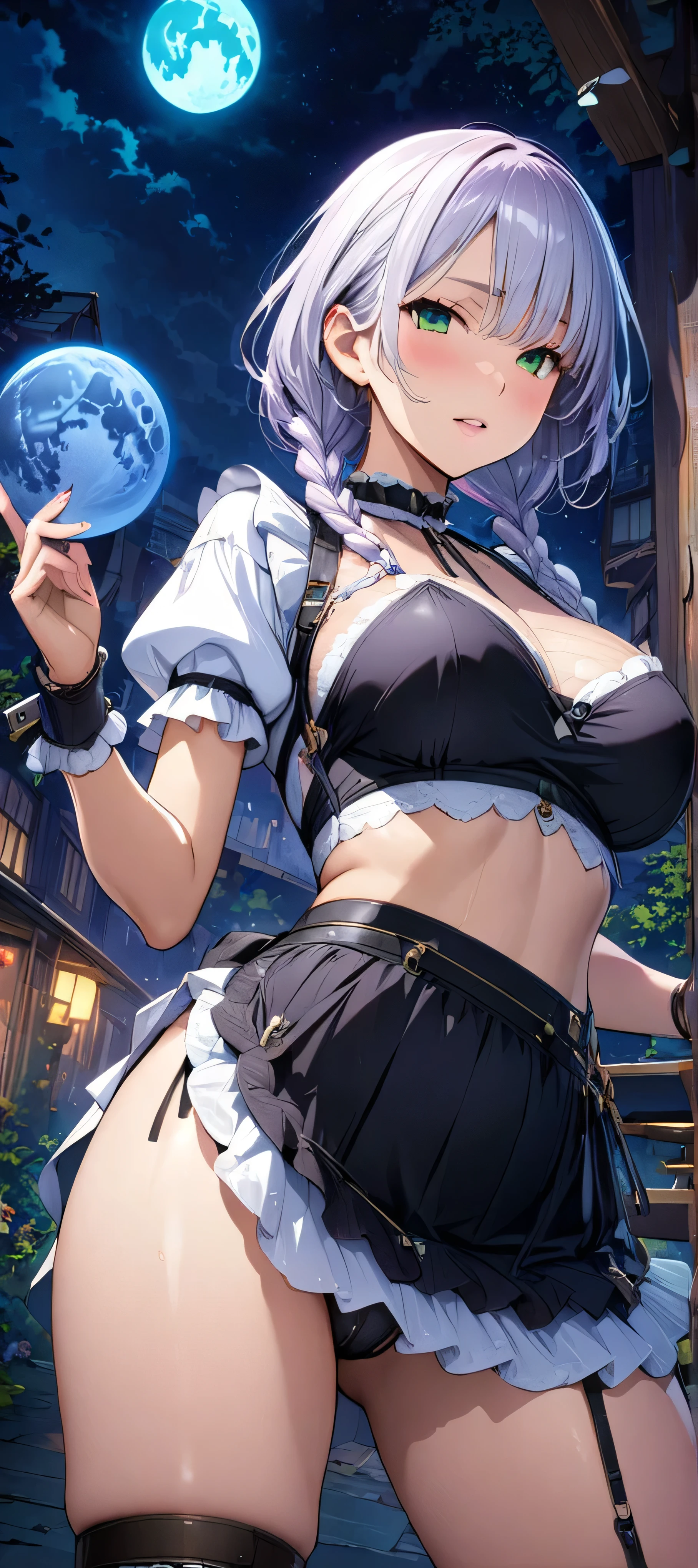 (masutepiece, of the highest quality, Best Quality, Official art, Beautiful and aesthetic:1.2), Extremely detailed,(Colorful:1.1),highest details, one arafed woman with braids white hair and pink tips and green eyes, big breast, sfw, nylon maid outfit, night, blue moon