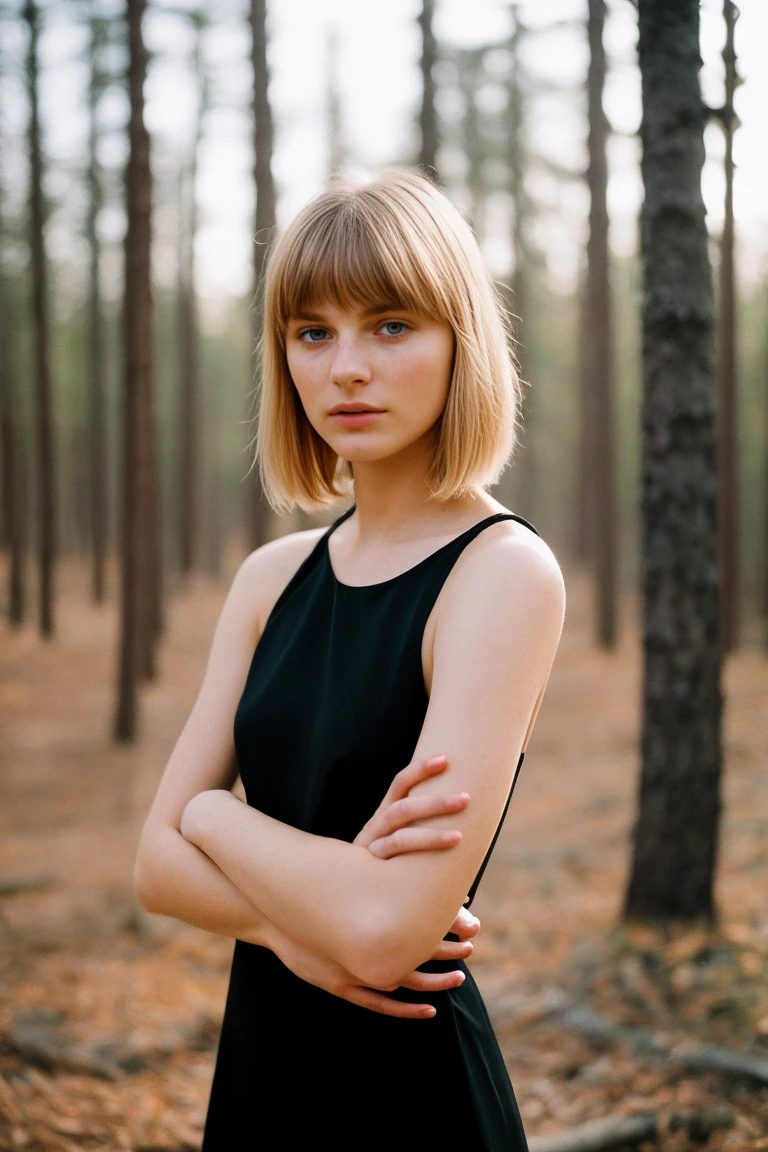 realistic photo of a 20-year-old Russian girl, beautiful face, short blonde hair with bangs, fashionable looks in a black deep neckline dress, casual pose and relaxed expression, brimming with emotion, interplay of contrast along with detailed light and shadow, depth of field, dusky birch forest scene, blurred background,