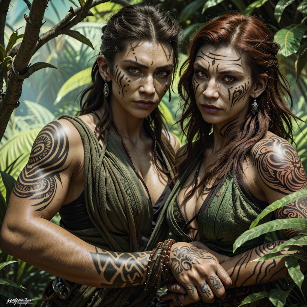 A savage warrior woman, covered in intricate tattoos and tribal body paint, wielding subdual weapons, stalking and capturing man-sized dinosaurs in a lush jungle, (hyper-realistic,8k,photorealistic,masterpiece,extremely detailed:1.2),digital art,fantasy art,portrait,highly detailed face and eyes,dramatic lighting