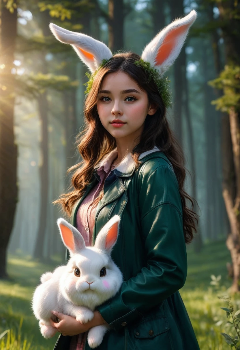 a cute girl with long fluffy rabbit ears, rabbit ears, bunny, green meadow, forest, photorealistic, highly detailed, 8k, (best quality,4k,8k,highres,masterpiece:1.2),ultra-detailed,(realistic,photorealistic,photo-realistic:1.37),HDR,UHD,studio lighting,extreme detail description,vivid colors,soft lighting,warm colors,natural environment