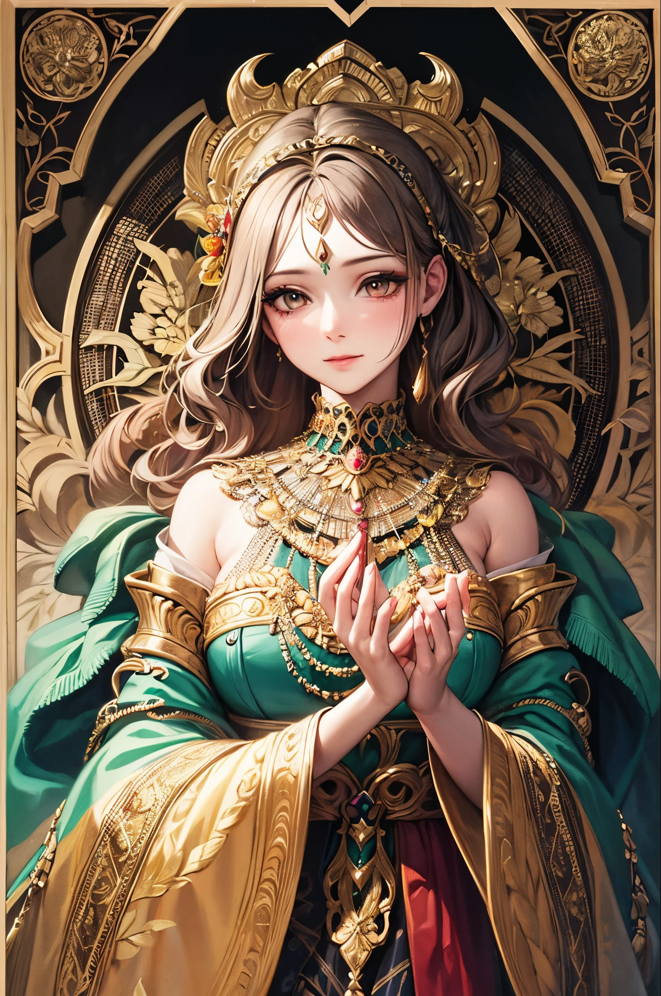 Perfect NwsjMajic,(masterpiece, highest quality, highest quality, Official Art, beautiful and aesthetic:1.2), (One girl), Very detailed,colorful,Most detailed, Official Art, unity 8k wallpaper, Super detailed, beautiful and aesthetic, beautiful, masterpiece, highest quality, (zenTangle, Mandala, Tangle, enTangle) ,Holy Light,Gold foil,Gold leaf art,Sparkly Painting,