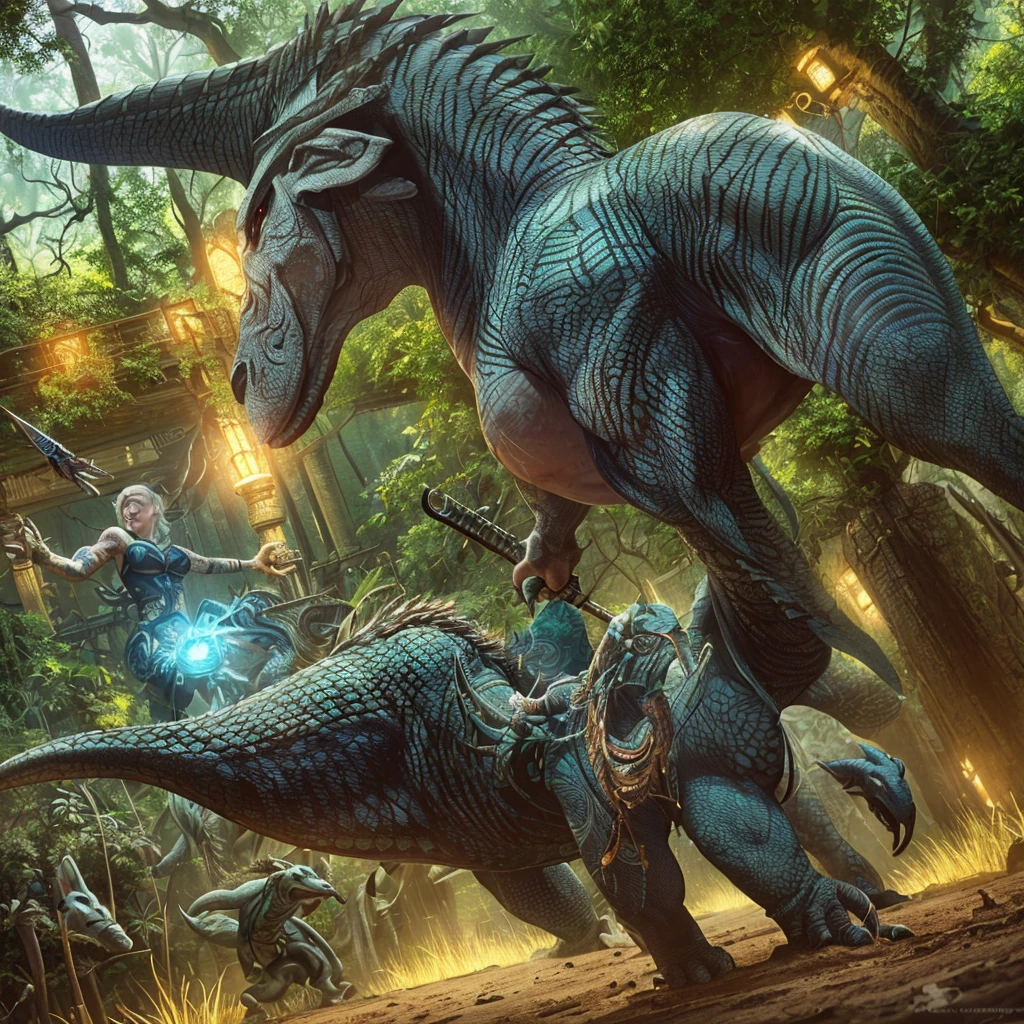 (A savage warrior woman (cate blanchett(25)) covered only in tattoos and extensive tribal body paint, unclad) armed with subdual weapons, is stalking man sized dinosaurs to capture and tame, jungle,(best quality,4k,8k,highres,masterpiece:1.2),ultra-detailed,(realistic,photorealistic,photo-realistic:1.37),detailed eyes,detailed lips,extremely detailed face,longeyelashes,intricate tattoos,tribal body paint,subdual weapons,man sized dinosaurs,lush jungle environment,dramatic lighting,dynamic pose,powerful expression