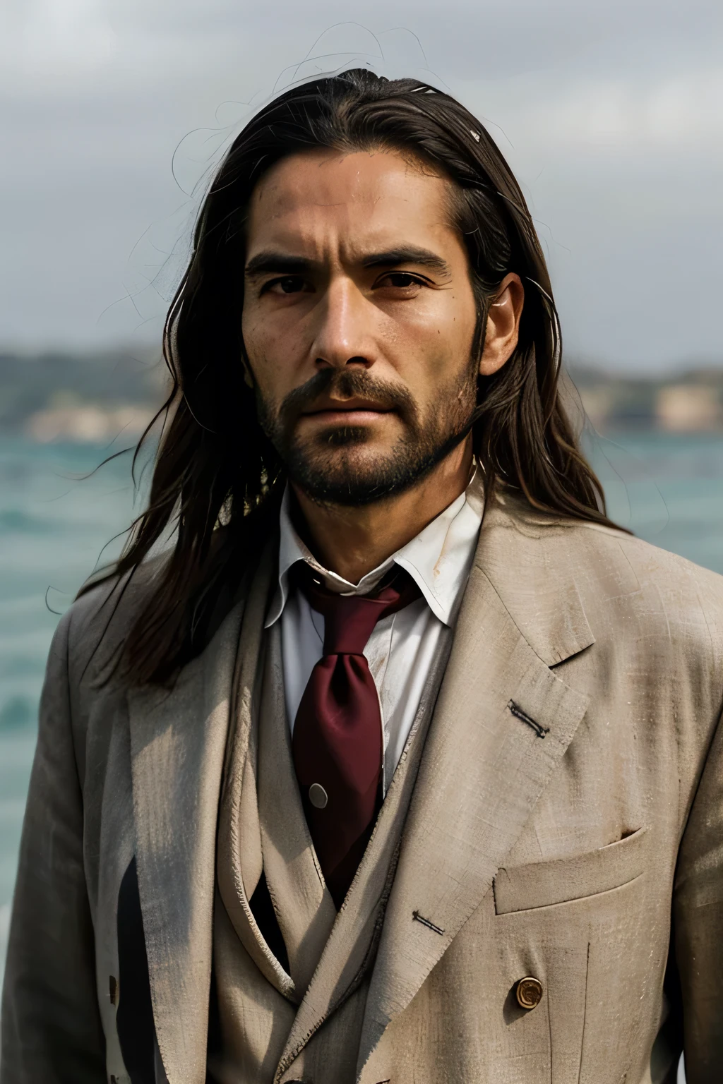 An elderly man with a weather-beaten face that bore the marks of time and hardship, wearing an elegant tailored suit and cravat. This depiction of jesus, the ancient biblical figure known for his faithfulness in the face of suffering. well-groomed long hair, outdoors, in the background is the see