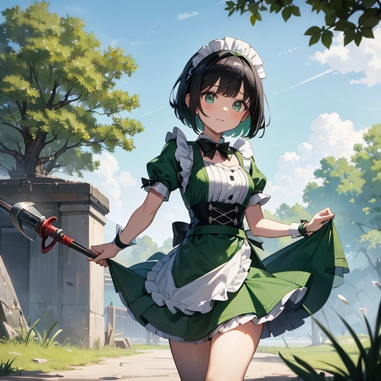 (hammer weapon : 3)(Hit the ground with a hammer : 2)(Green maid outfit with open chest : 3)Black Hair、White headband、Grey-green eyes、Short bob cut、18-year-old girl 、Breaking ground outside lake