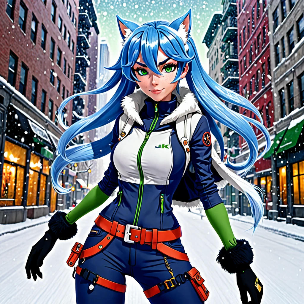 best quality,ultra high res,Gadget Hackwrench,solo,full body,snow,city,, blue hair,green eyes,jk, Gadget Hackwrench