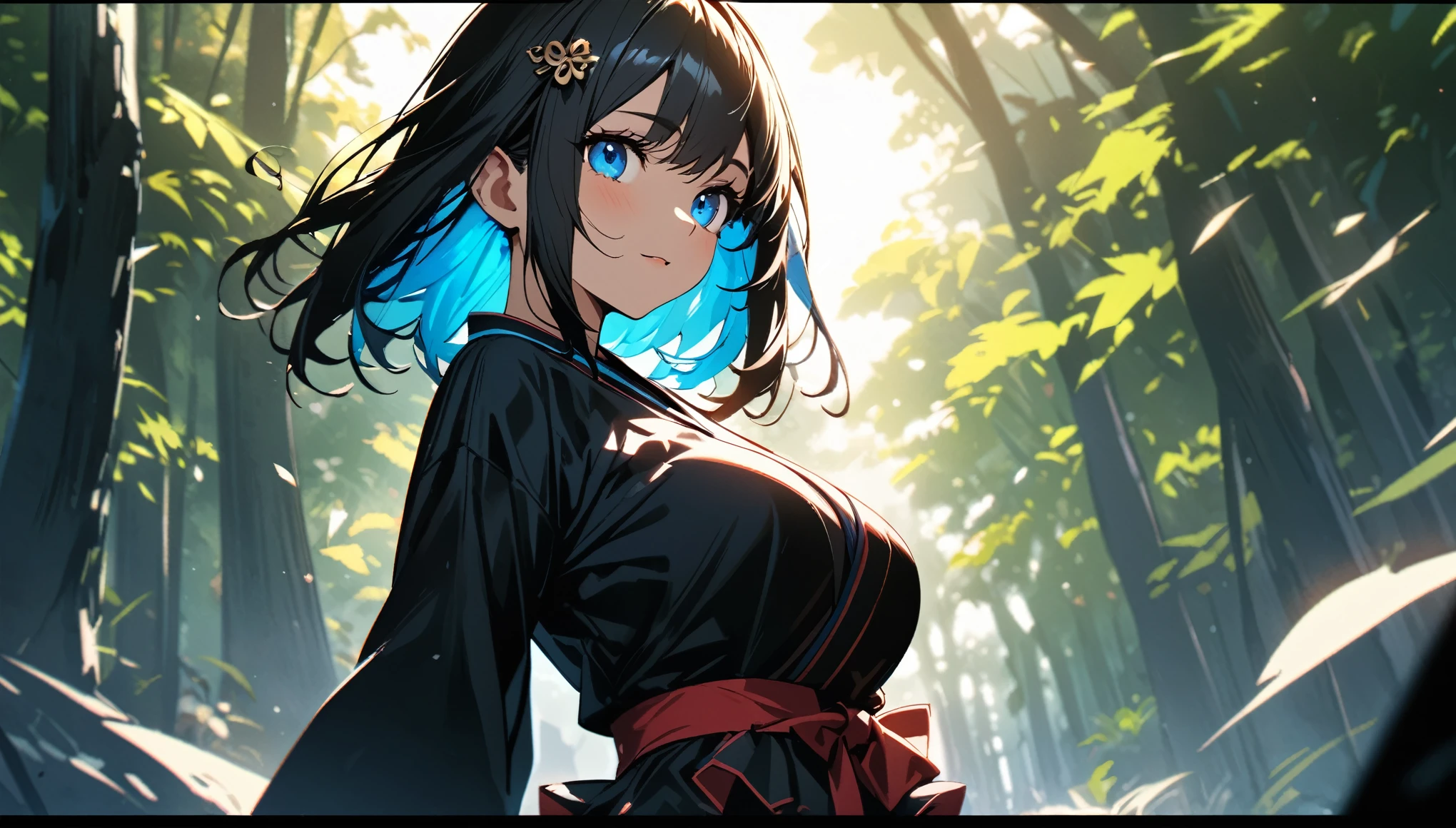 [ 4k digital art ]!!,(highest quality:1.2, Very detailed, High detail, High Contrast, masterpiece:1.2, highest quality, Best aesthetics),(Big Tits:1.1)、[[[One Girl]]]、Beautiful eyes:1.3、(Long Black Hair)、Blue inner color、Neat and cute、Gentle expression、Japanese clothing、mini skirt、hairpin、sunlight、Mysterious Forest,[upper body shot], [shoot from front]
