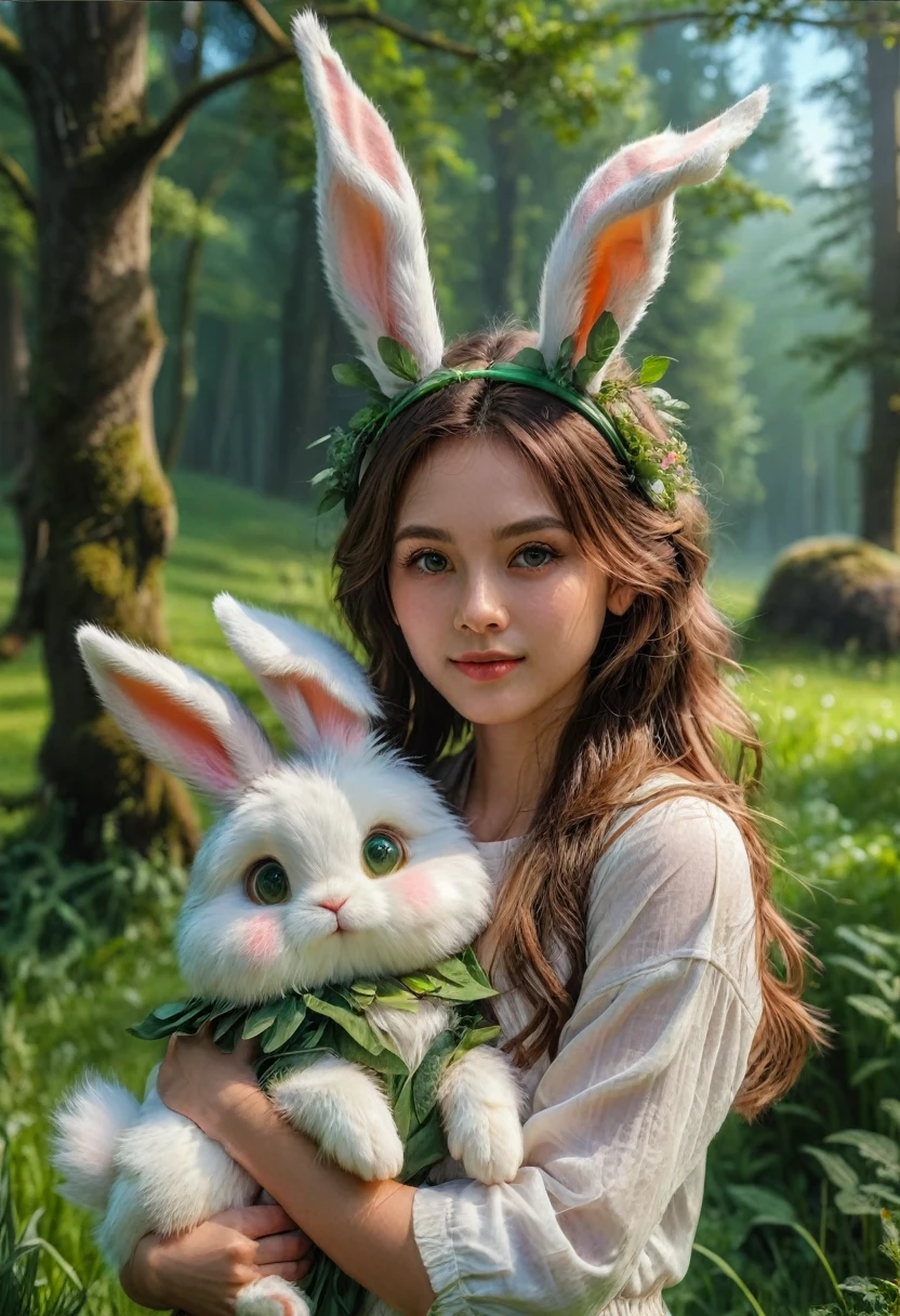 a cute girl with long fluffy rabbit ears, rabbit ears, bunny, green meadow, forest, photorealistic, highly detailed, 8k, (best quality,4k,8k,highres,masterpiece:1.2),ultra-detailed,(realistic,photorealistic,photo-realistic:1.37),HDR,UHD,studio lighting,extreme detail description,vivid colors,soft lighting,warm colors,natural environment