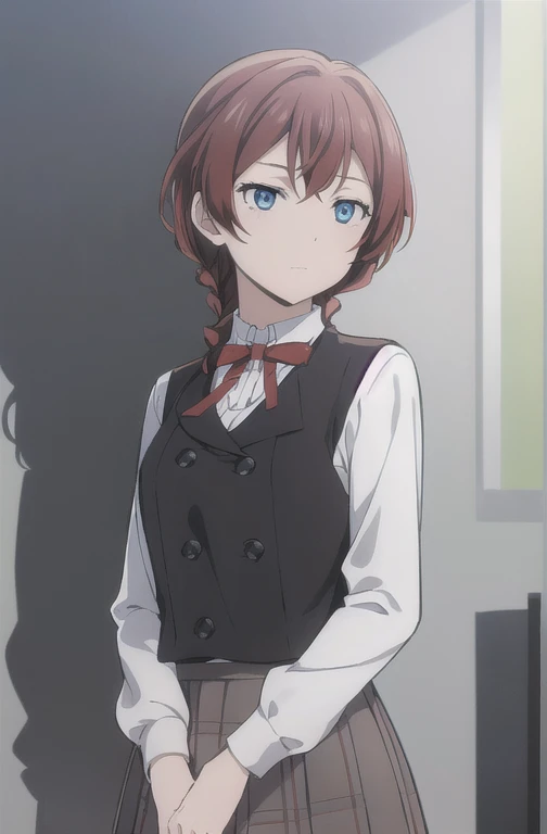 (extremely detailed CG unity 8k wallpaper),(masterpiece),(best quality),(ultra-detailed),(best illustration),(best shadow),(short brownish-red hair, wears a uniform gray skirt, white blouse, blue eyes, bungou stray dogs style.