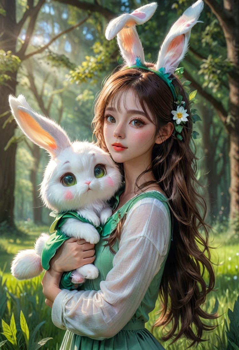 a cute girl with long fluffy rabbit ears, rabbit ears, bunny, green meadow, forest, photorealistic, highly detailed, 8k, (best quality,4k,8k,highres,masterpiece:1.2),ultra-detailed,(realistic,photorealistic,photo-realistic:1.37),HDR,UHD,studio lighting,extreme detail description,vivid colors,soft lighting,warm colors,natural environment