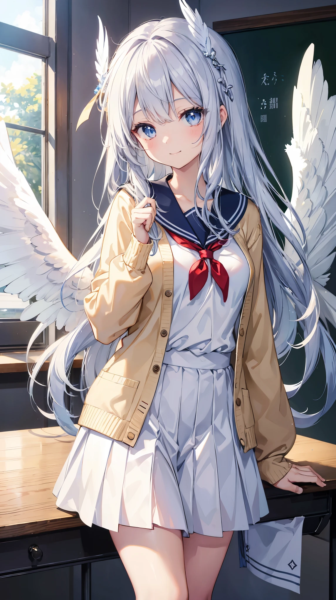 Very long hair、Silver Hair、Detailed sparkly eyes、Blue Eyes、Three pairs of angel wings、Feather on head,smile、Embarrassing、緊張したsmile、shine、reflected light、Film Grain、masterpiece、Textured Skin、Super Detail、High Detail、high quality、最high quality、High Resolution、16k、shine、Female students、、classroom、tie,Sailor suit,Beige cardigan