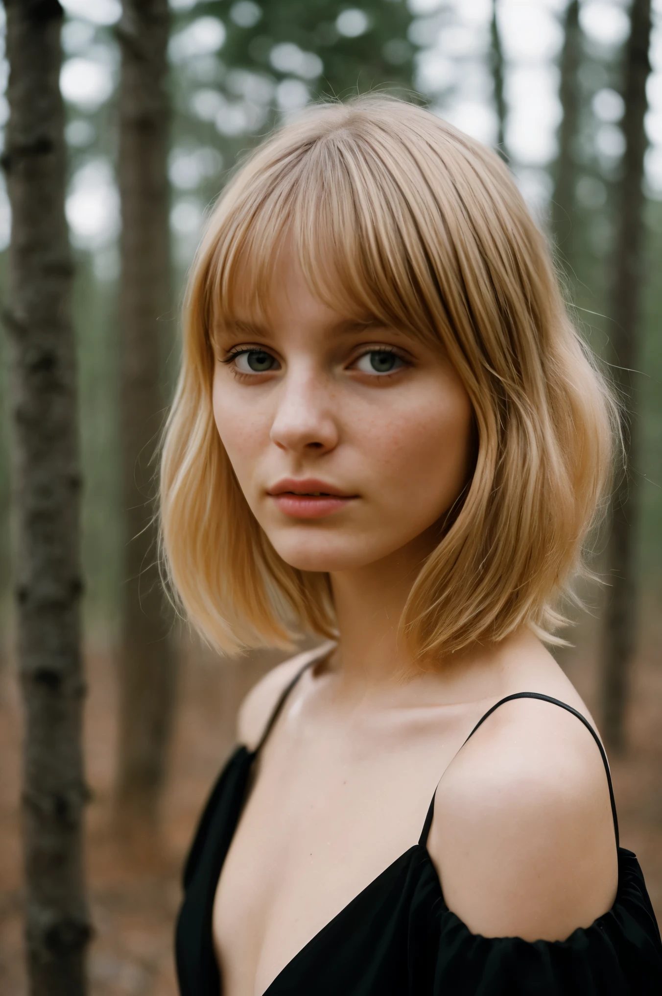 realistic photo of a 20-year-old Russian girl, beautiful face, short blonde hair with bangs, fashionable looks in a black deep neckline dress, casual pose and relaxed expression, brimming with emotion, interplay of contrast along with detailed light and shadow, depth of field, dusky birch forest scene, blurred background,