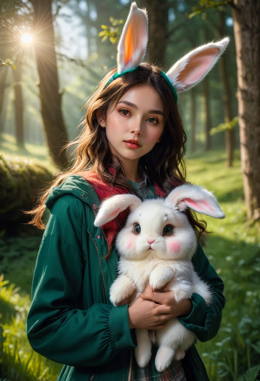 a cute girl with long fluffy rabbit ears, rabbit ears, bunny, green meadow, forest, photorealistic, highly detailed, 8k, (best quality,4k,8k,highres,masterpiece:1.2),ultra-detailed,(realistic,photorealistic,photo-realistic:1.37),HDR,UHD,studio lighting,extreme detail description,vivid colors,soft lighting,warm colors,natural environment